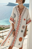 Deep V-Neck Printed Short Sleeved Beach Dress