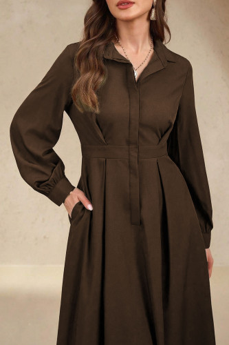 Solid Color Lapel Long Sleeved Shirt Dress