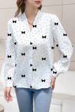 Polka Dot Bow Printed Long Sleeved V-Neck Shirt