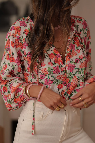 Vintage V-neck Rose Print Long Sleeved Shirt
