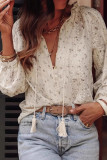 Floral Print Lace Tassel Lantern Long Sleeved Shirt