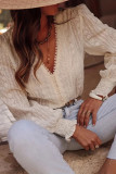 Solid Color V-Neck Lace Lantern Long Sleeved Shirt