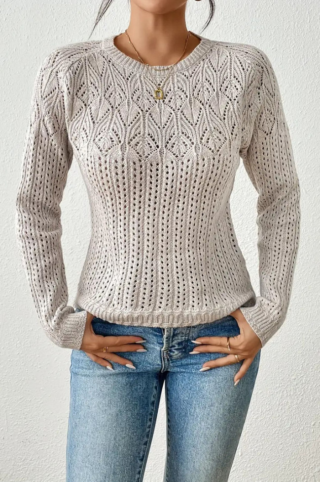 Solid Color Hollow Jacquard Long Sleeved Knitted Sweater