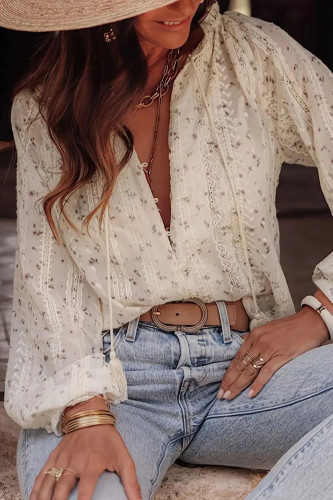 Floral Print Lace Tassel Lantern Long Sleeved Shirt