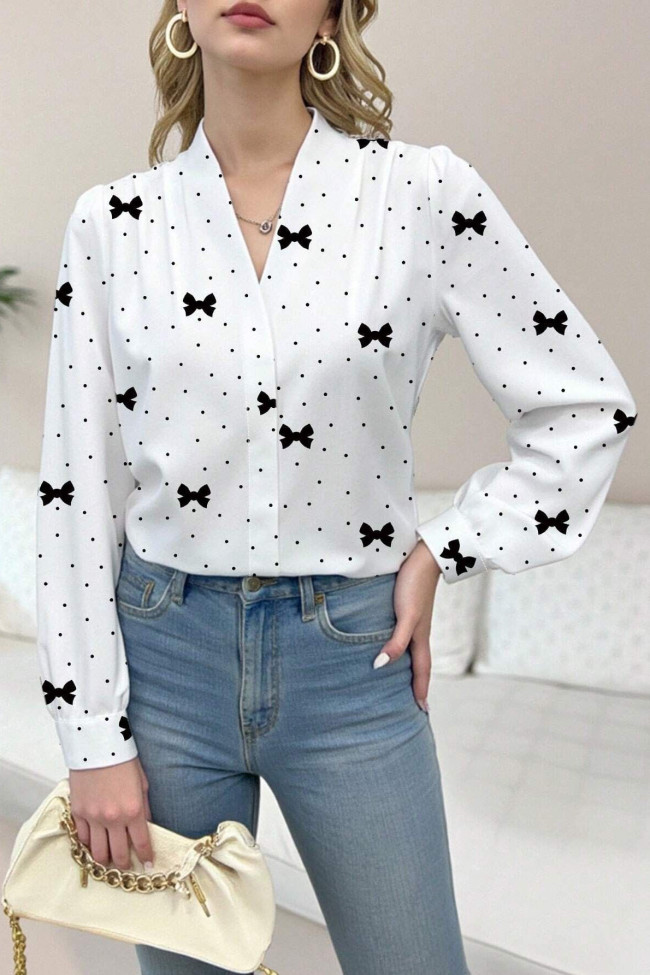 Polka Dot Bow Printed Long Sleeved V-Neck Shirt