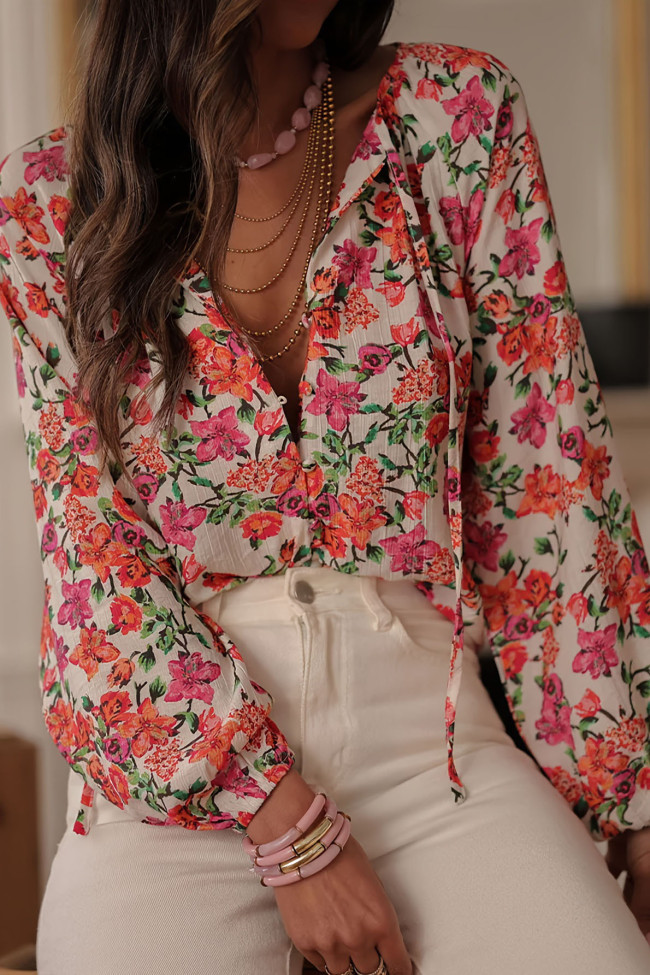 Vintage V-neck Rose Print Long Sleeved Shirt