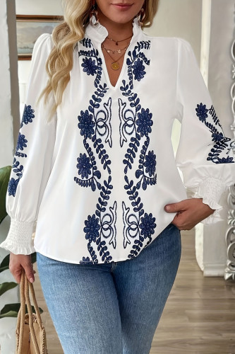 Large Size Printed Ruffle Edge Long Sleeved Shirt