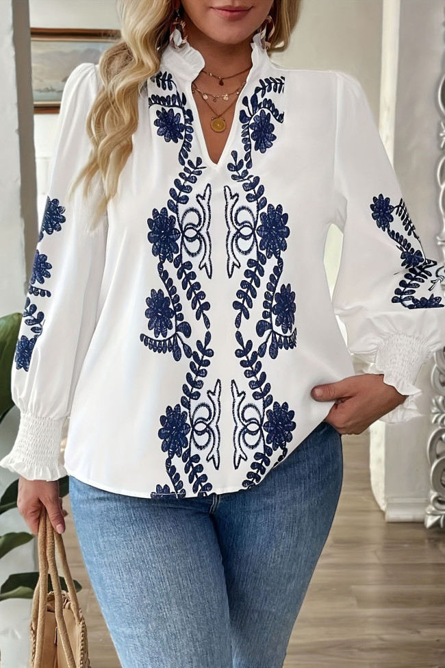 Large Size Printed Ruffle Edge Long Sleeved Shirt
