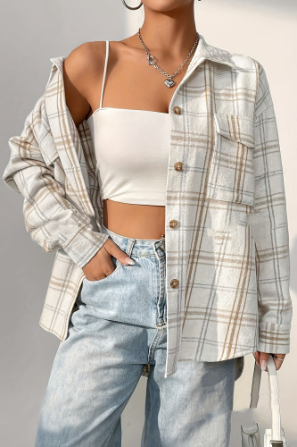 Polo Collar Checkered Long Sleeved Cardigan Shirt Jacket