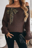 Leopard Print Bow Long Sleeved One Shoulder Sweater