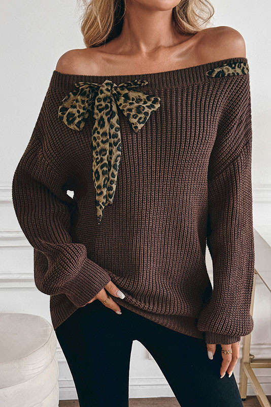Leopard Print Bow Long Sleeved One Shoulder Sweater