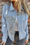 Leopard Print Long Sleeved Ripped Denim Cardigan Jacket
