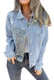 Leopard Print Long Sleeved Ripped Denim Cardigan Jacket