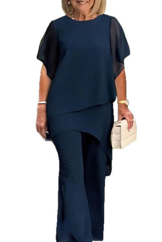 Irregular Round Neck Chiffon Shirt Pants Two-Piece Set