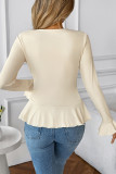 Solid Color Ruffled V-Neck Long Sleeved T-Shirt
