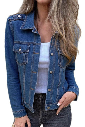 Solid Color Lapel Long Sleeved Cardigan Denim Jacket