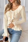 Solid Color Ruffled V-Neck Long Sleeved T-Shirt