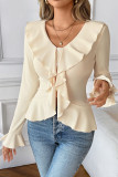 Solid Color Ruffled V-Neck Long Sleeved T-Shirt