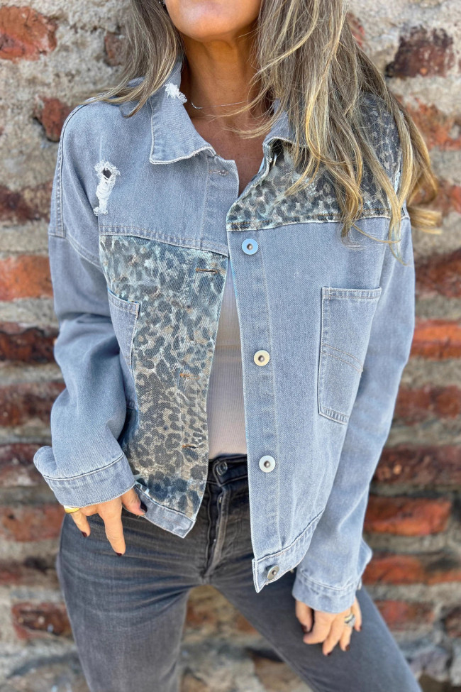 Leopard Print Long Sleeved Ripped Denim Cardigan Jacket