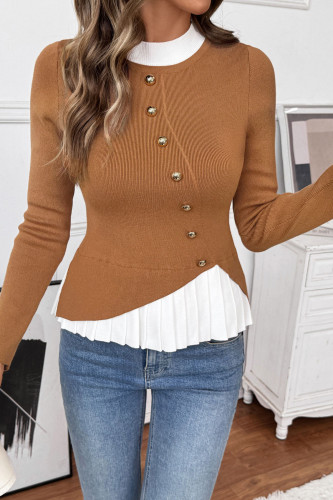 Round Neck Contrasting Long Sleeved Knitted Sweater