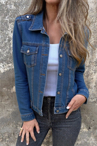 Solid Color Lapel Long Sleeved Cardigan Denim Jacket