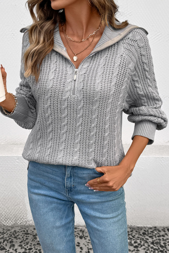 Vintage Zipper Lapel Long Sleeve Knitted Sweater