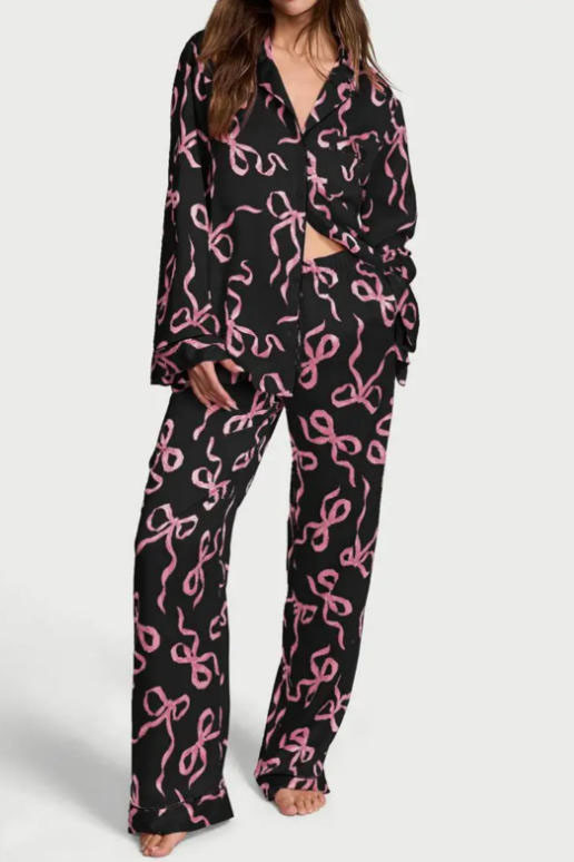 Bow Print Long Sleeve Shirt Pants Pajama Two-Piece Set
