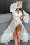 Solid Color Lace Long Sleeved Hooded Nightgown
