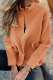 Solid Color Pocket Long Sleeved Zipper Cardigan Jacket