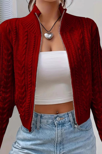 Solid Color Zipper Knitted Long Sleeve Cardigan Sweater