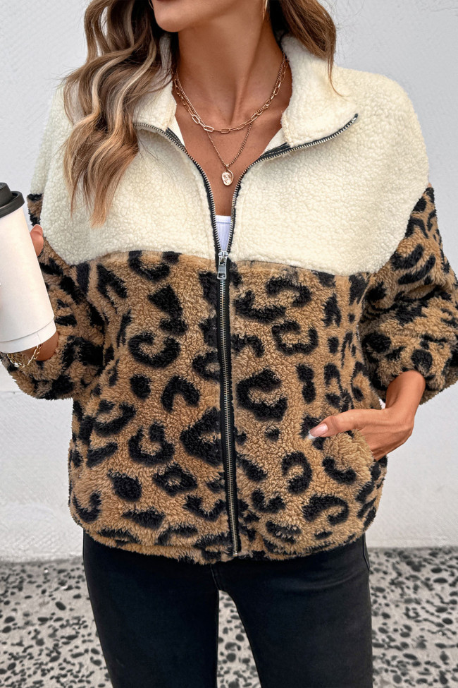 Leopard Print Wool Warm Collar Cardigan Jacket
