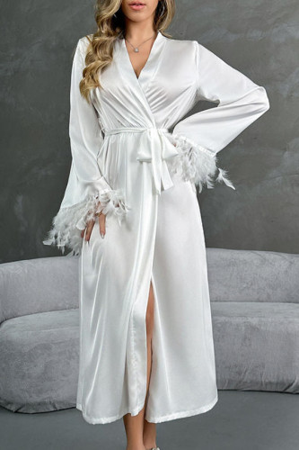 Lace Satin Long Sleeved Backless Nightgown