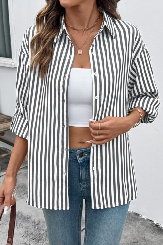 Striped Print Lapel Cardigan Long Sleeved Shirt