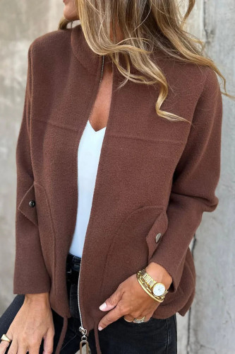 Solid Color Pocket Long Sleeved Zipper Cardigan Jacket