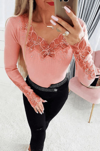 Solid Color Rhinestone Lace Long Sleeved T-Shirt
