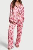Bow Print Long Sleeve Shirt Pants Pajama Two-Piece Set