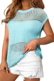 Round Neck Short Sleeved Mesh Perforated Knitted Sweater