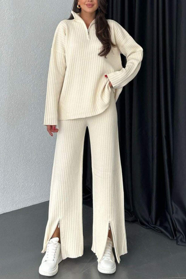 Solid Color Zipper Knitted Shirt Wide Leg Pants Two-Piece Set