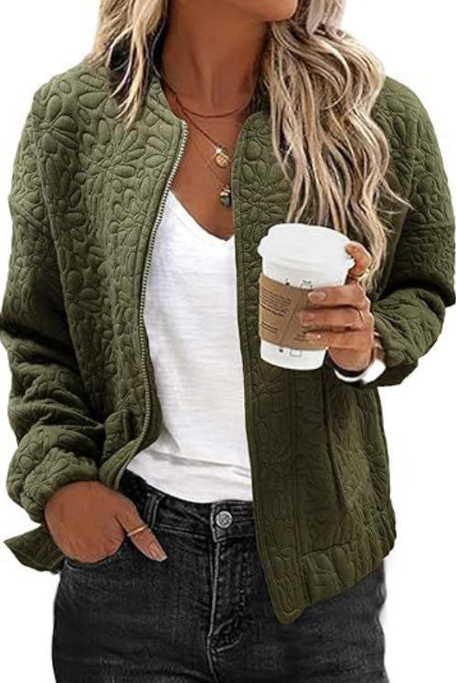 Jacquard Long Sleeved Zipper Cardigan Jacket