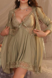 Lace Edged V-Neck Long Sleeved Pajama Dress
