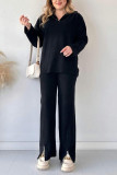 Solid Color Zipper Knitted Shirt Wide Leg Pants Two-Piece Set