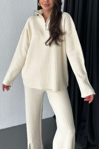 Solid Color Zipper Knitted Shirt Wide Leg Pants Two-Piece Set