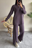 Solid Color Zipper Knitted Shirt Wide Leg Pants Two-Piece Set