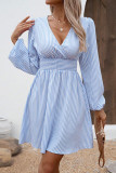 V-Neck Striped Printed Long Sleeved Waist Cinching Dress