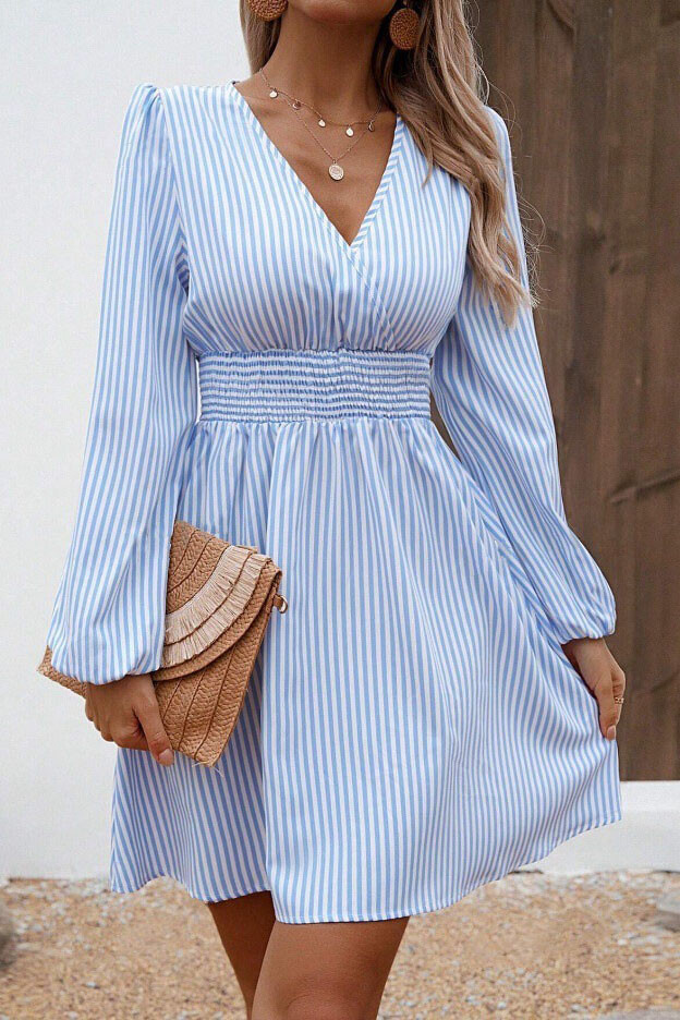 V-Neck Striped Printed Long Sleeved Waist Cinching Dress