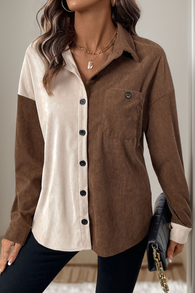 Corduroy Lapel Contrasting Long Sleeved Cardigan
