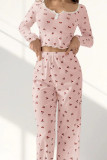 Cherry Print V-neck Shirt Long Pants Two-Piece Set Pajamas