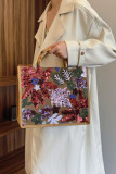 Linen Sequin Embroidered Large Capacity Bamboo Knot Handbag