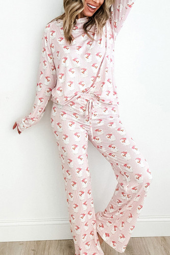 Cartoon Print Round Neck Long Sleeve Shirt Pants Two-Piece Set