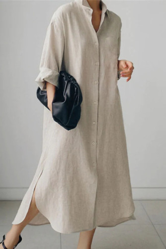 Cotton Linen Solid Color Lapel Long Sleeved Shirt Dress
